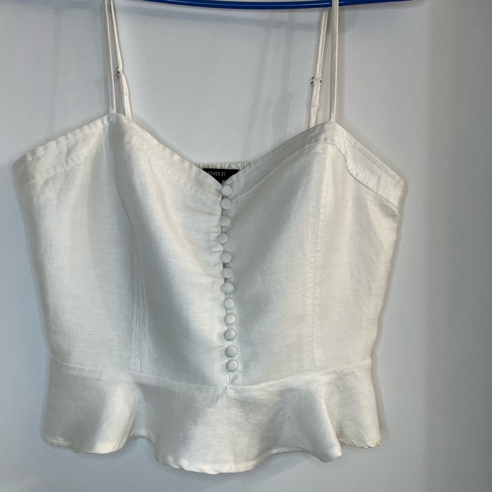 Forever 21 White Satin Peplum Crop Top with Button Front